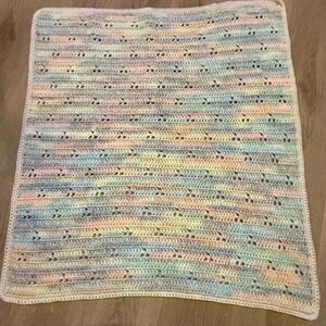 Handmade crocheted baby afghan blanket in pastels blue green pink & white